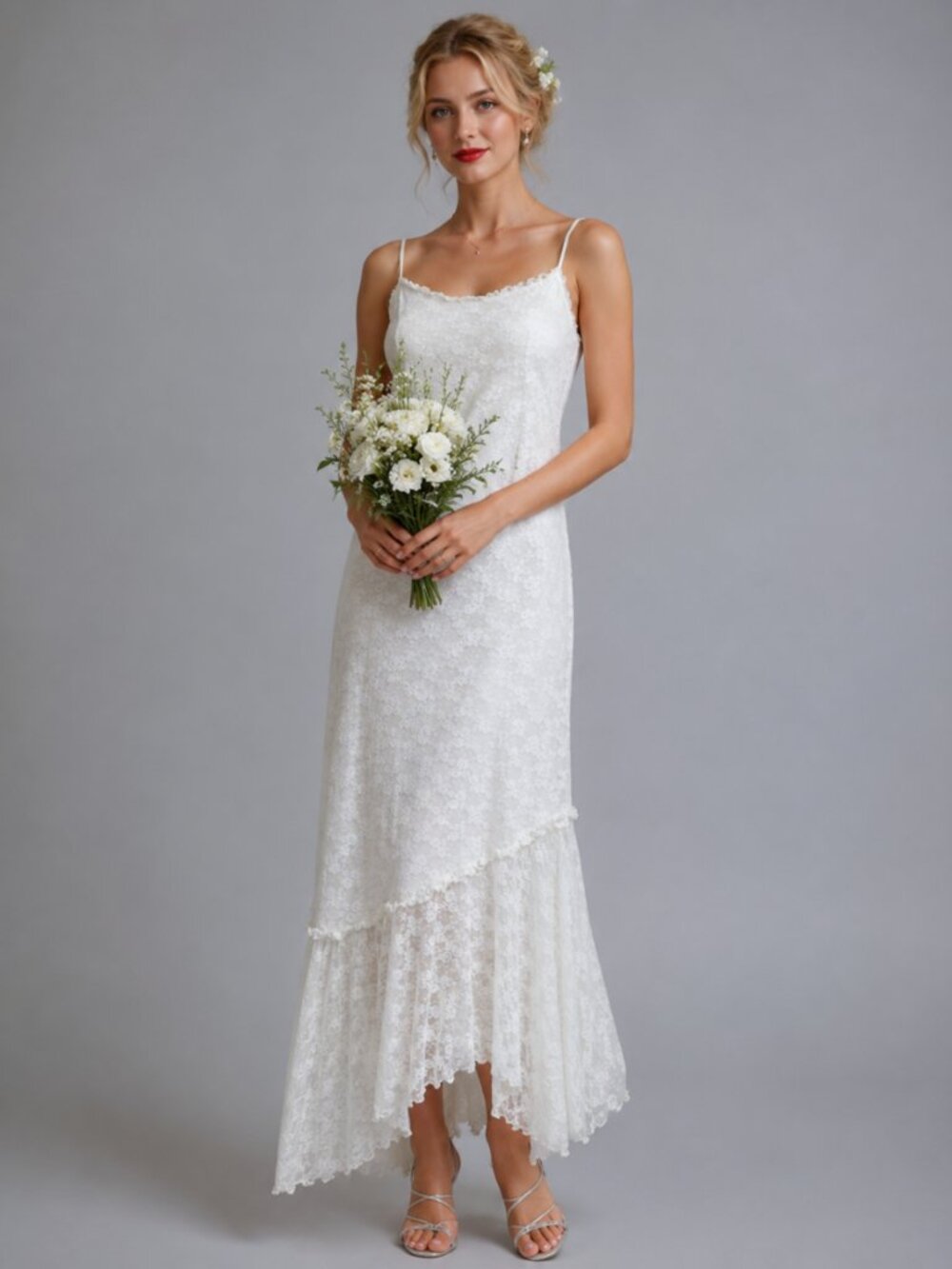 Ivory White Stretch Lace Midi Dress Adjustable Straps Romantic Lined Dress - Picture 4 of 16